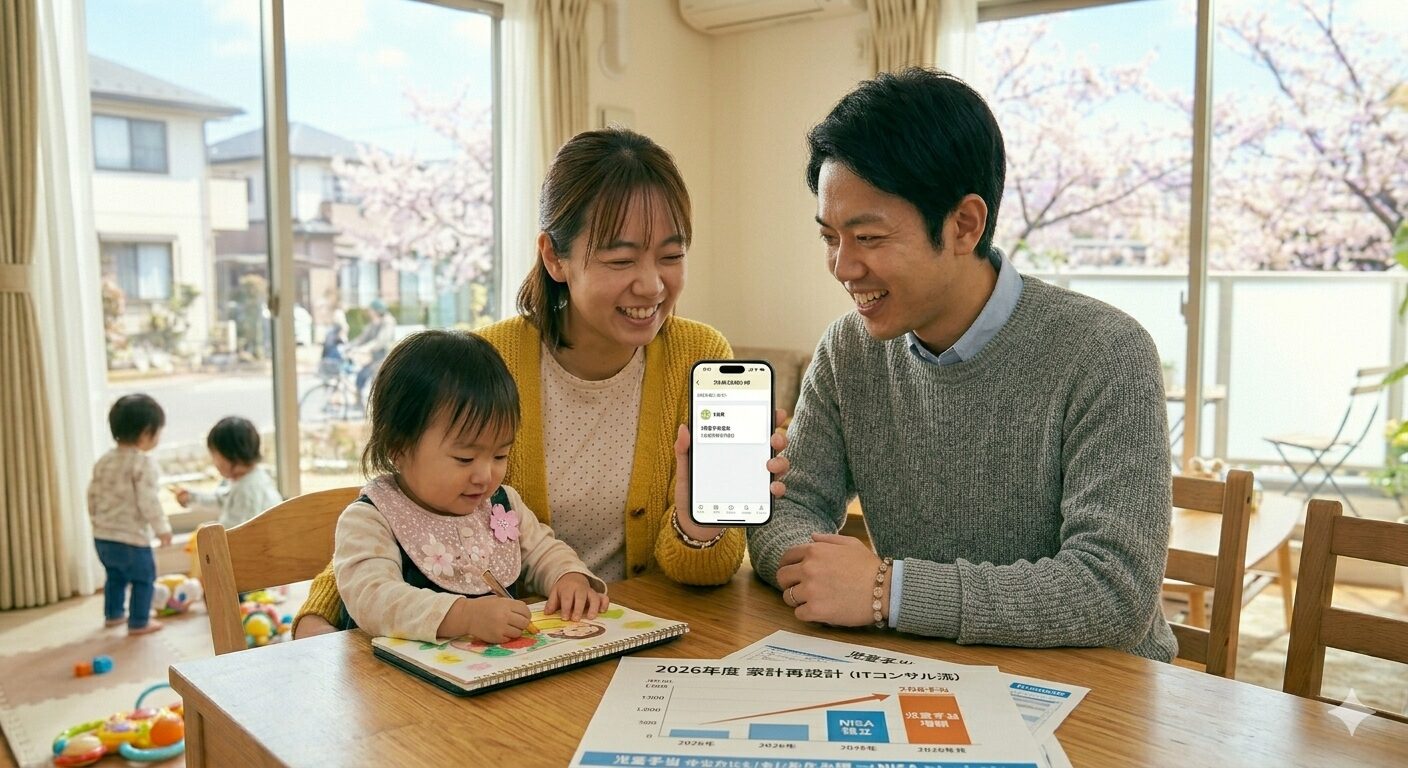2026年4月の明るいリビングで、スマートフォンに届いた「児童手当振込通知」を確認し、笑顔で新NISAの積立額を変更している日本人夫婦。背景には桜が見える庭で元気に遊ぶ子供たちの姿があり、テーブルの上にはITコンサルタントらしい精緻な「2026年度 児童手当活用シミュレーション」のグラフが置かれている。