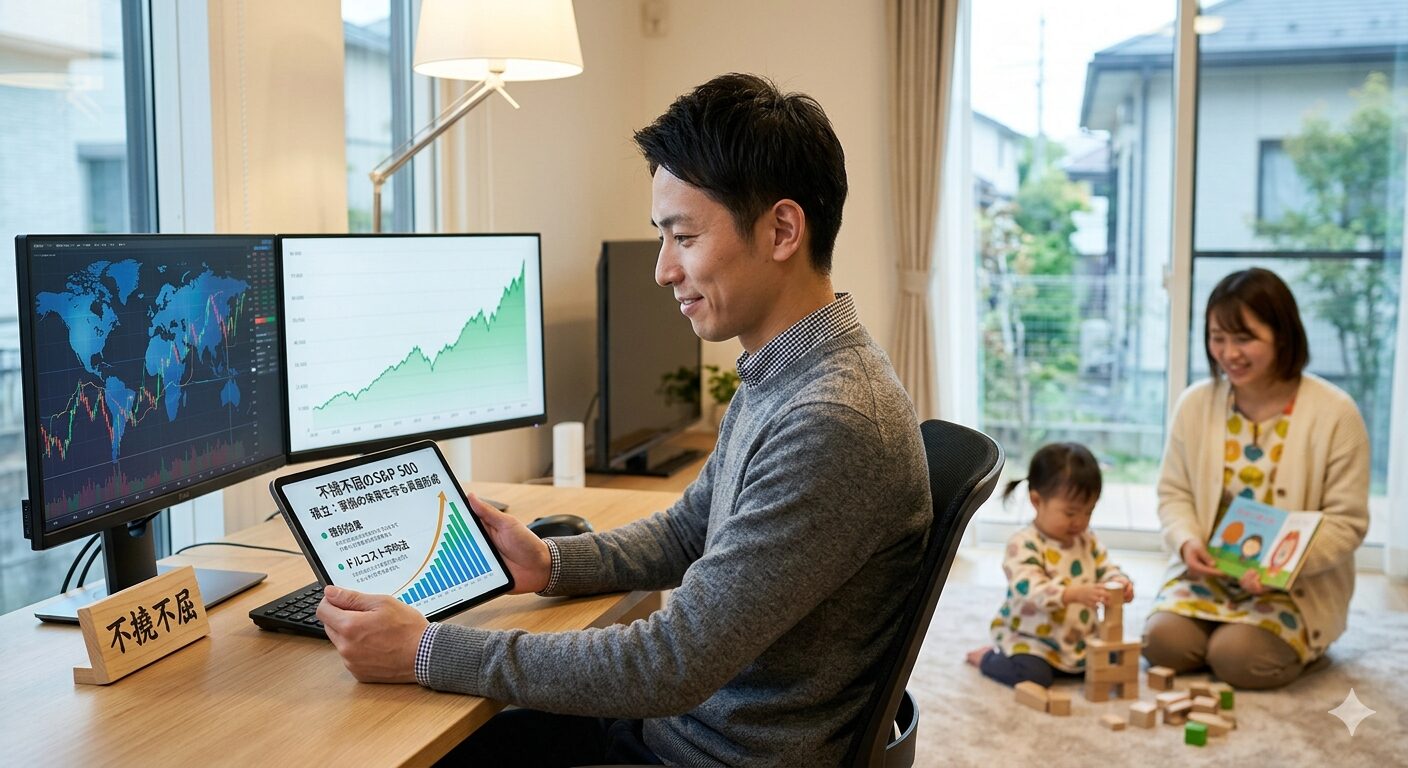 明るい日本のリビングで、ITコンサルタントのアパがデュアルモニターの前に座り、タブレットでS&P500の長期チャートを、スマートフォンでNISA口座の運用状況を確認しながら、家族の未来のための資産形成をロジカルに分析している様子。傍らには1歳児の育児に関連する育児書やデジタルデバイスが整然と並んでおり、仕事と育児をスマートに両立させているプロフェッショナルかつ温かい風景。