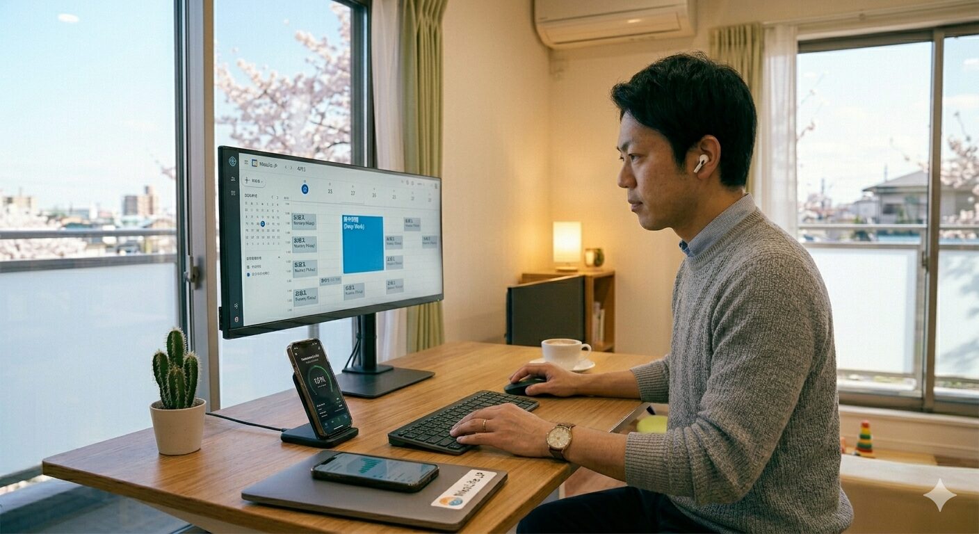2026年4月の火曜日の午後、スマートなオフィス環境で、冷静な表情でカレンダーのスケジュールを調整している日本人パパ。モニターには「集中時間（Deep Work）」と書かれたブロックされた予定が表示されており、傍らには高品質なワイヤレスイヤホンとカフェラテが置かれている。窓の外には春の穏やかな風景が広がり、仕事とプライベートを完全にコントロールしている自信に満ちたビジネスマンの姿。