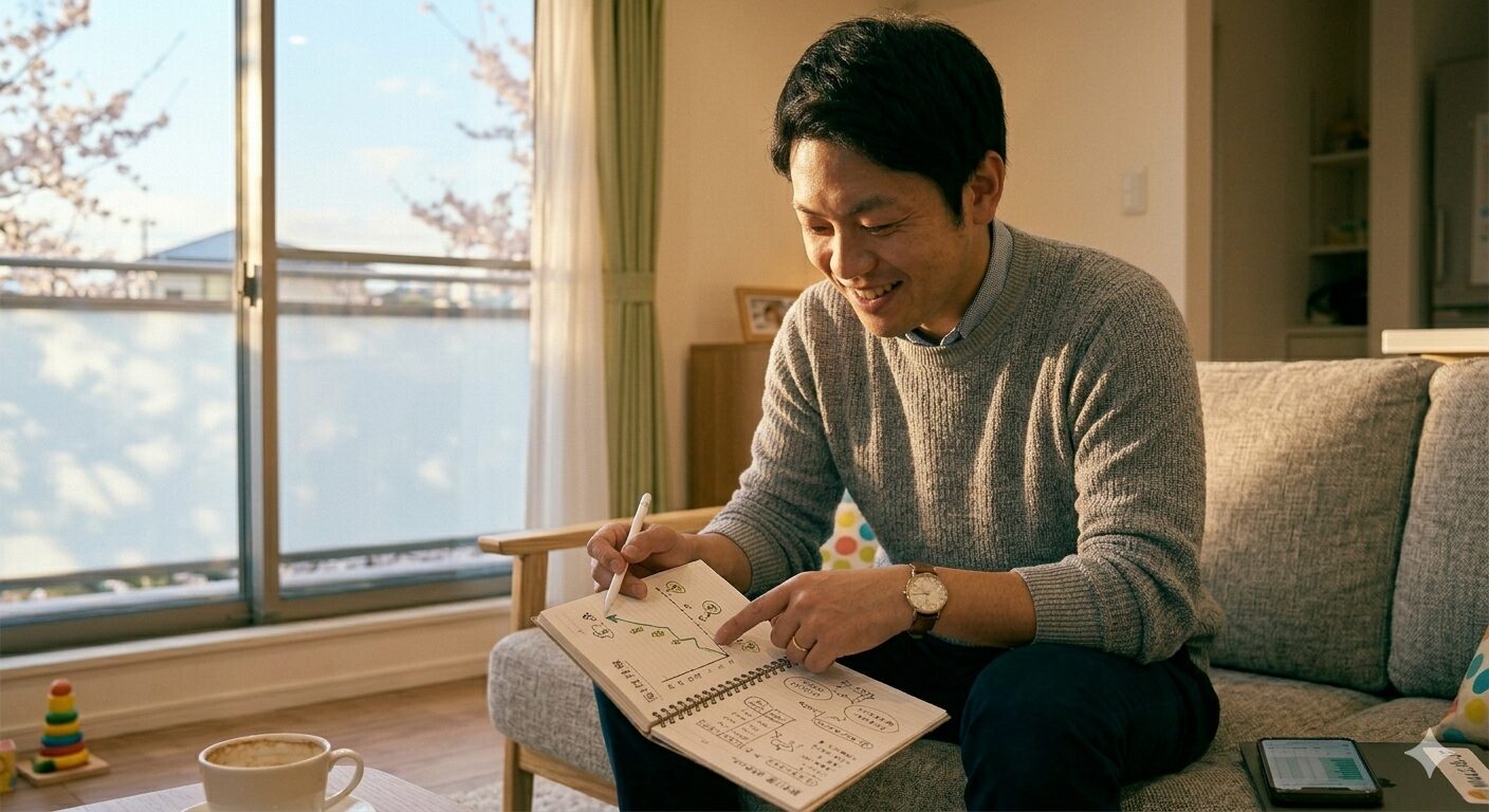 2026年4月の穏やかな午後、明るいリビングでノートパソコンを開き、家計簿アプリと電卓を使って真剣に収支をシミュレーションしている日本人パパの姿。傍らには保育園の入園案内書類とおしゃれなカフェラテが置かれている。窓からは春の日差しが差し込み、家族の将来のためにスマートに資産管理を行っている、落ち着いた信頼感のある風景。