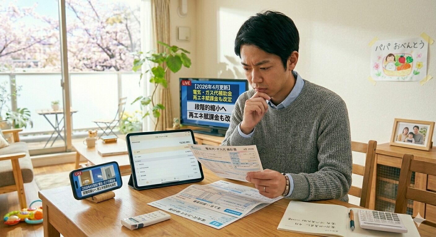 2026年4月、満開の桜が見えるリビングで、最新の電気代とガス代の検針票（振込票）を手に持ち、深刻な表情でタブレットの家計簿ソフトに入力している日本人父親の様子。机の上には電卓と「家計の見直し」と書かれたノートが置かれ、補助金終了のニュースが流れるスマートフォンが立てかけられている。