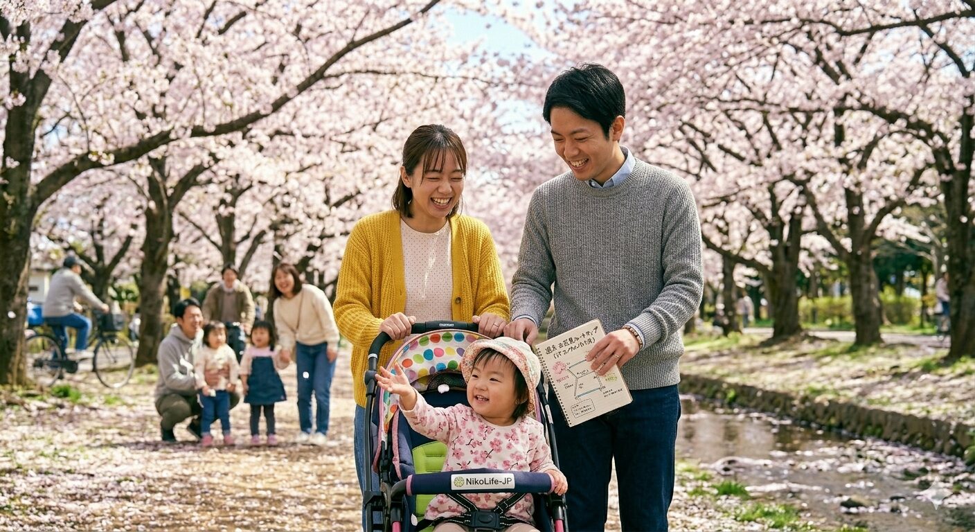 2026年4月の穏やかな週末、満開から桜吹雪へと変わる美しい桜並木の下で、1歳児を乗せたベビーカーを押し、家族で笑顔でお花見を楽しんでいる日本人夫婦の様子。背景には青空と舞い散る花びらがあり、手元にはITコンサルタントパパが作成した「週末お花見ルートマップ」が映っている。春の終わりの美しさと、幸せな家族の時間が表現されている。