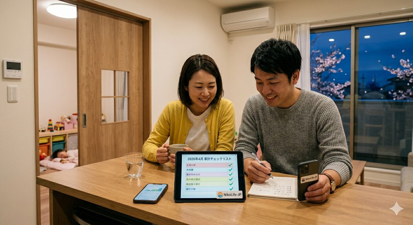 2026年4月の日曜日の夜、穏やかな照明の下で、タブレットに表示された「2026年4月 家計チェックリスト」を見ながら、安心した表情で夫婦で話し合っている様子。テーブルの上にはスマートフォンの家計簿アプリと、新年度の計画が書かれたノートが置かれており、背景には子供が静かに眠っている平和な寝室への扉が見える。将来への見通しが立ち、落ち着いて週末を締めくくる家族の姿。