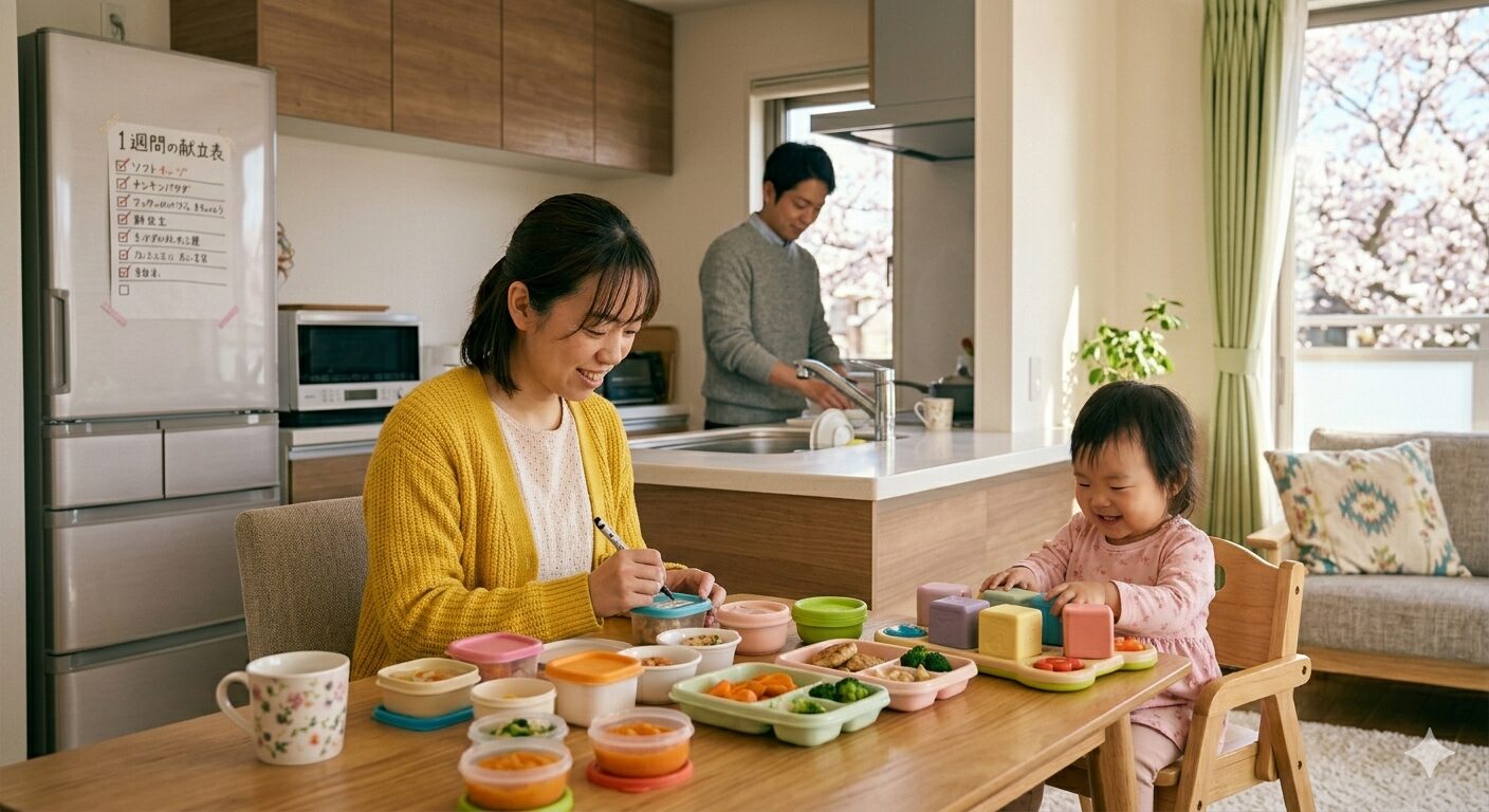 2026年4月の日曜日の夜、清潔で整理整頓されたキッチンのカウンターで、1歳児用のカラフルな離乳食ストック（小分けトレー）と大人用の美味しそうな副菜が並んでいる様子。傍らには1歳の子が楽しそうに木製のおもちゃで遊んでおり、背景には「1週間の献立表」が貼られた冷蔵庫が見える。明日からの1週間を前向きに迎える、温かみのある生活の1コマ。