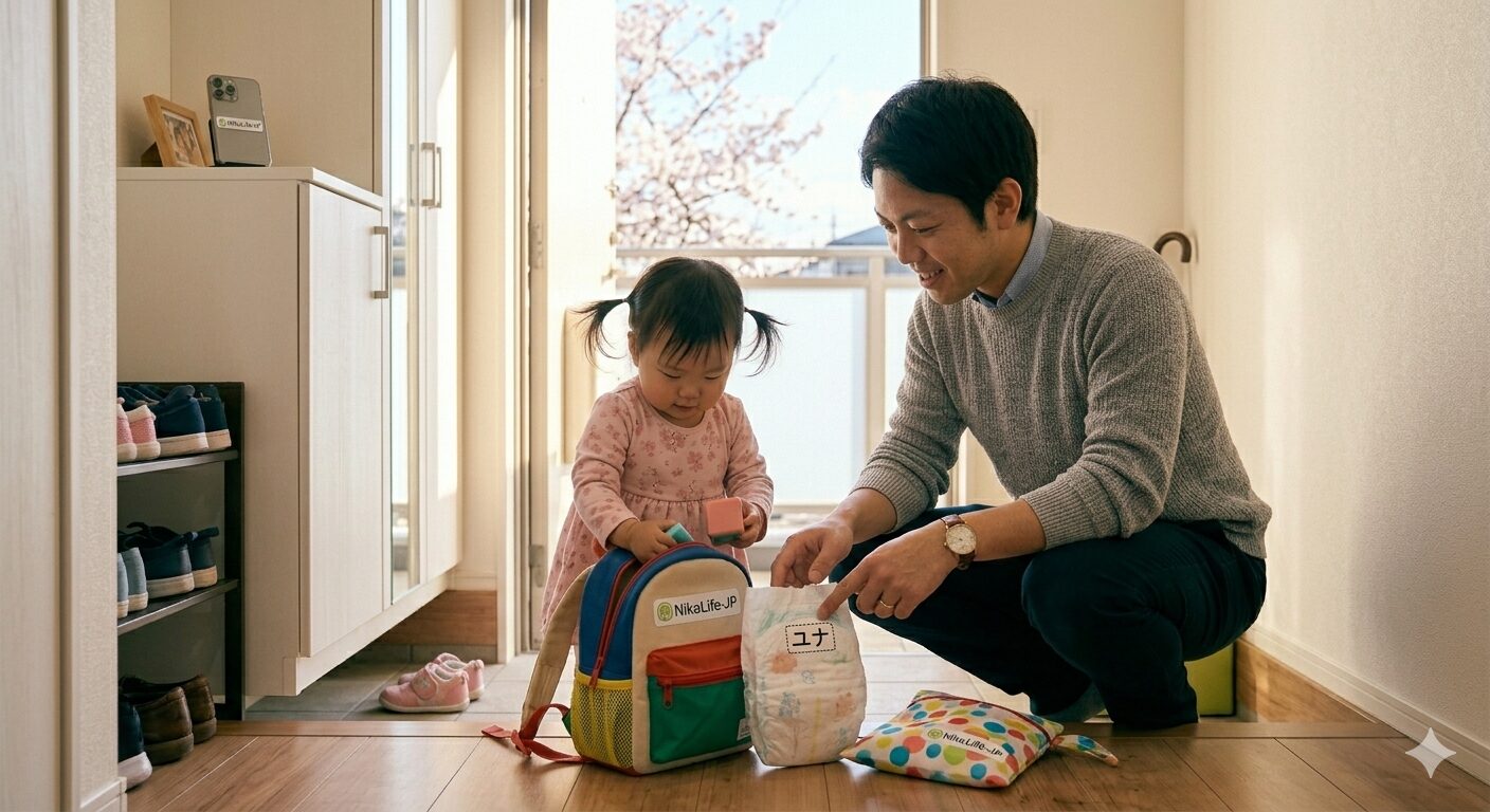 2026年4月の火曜日の朝、明るい玄関先で、きれいに名前がスタンプされたオムツやカラフルな防水バッグを、1歳の子供と一緒に通園バッグに詰めている日本人パパの姿。パパは満足げな表情でスマートに準備を整えており、子供は自分の新しいバッグを興味津々で覗き込んでいる。春の柔らかな日差しが差し込み、新しいルーティンが順調に回り始めたことを感じさせる希望に満ちた風景。