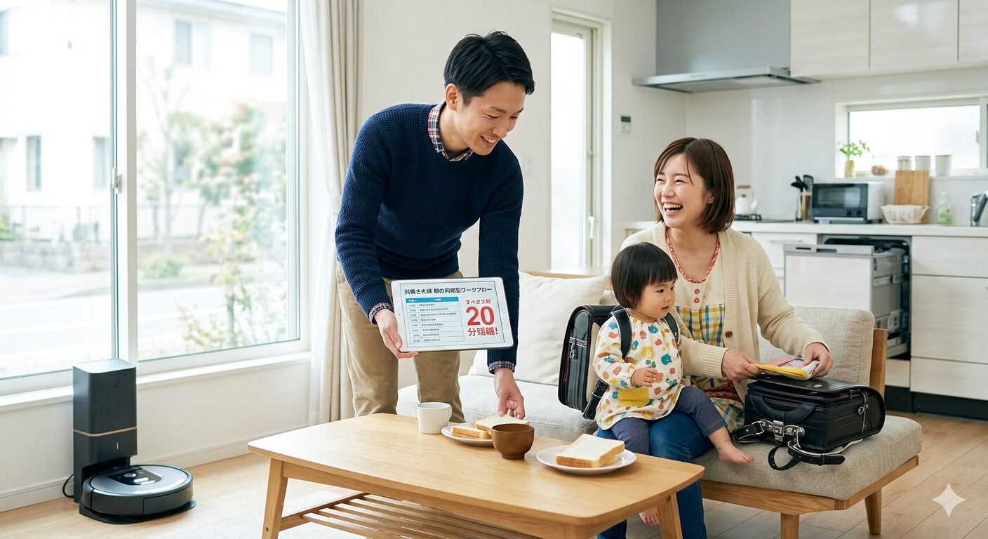 明るい日本の朝のキッチンで、ITコンサルタントのアパが効率的に朝食の片付けをし、ママが1歳児の子供の登園準備をスムーズに進めている様子。壁の時計は余裕のある時間を指しており、夫婦で最適化されたルーチンを実行して心にゆとりを持って一日をスタートさせている温かい風景。