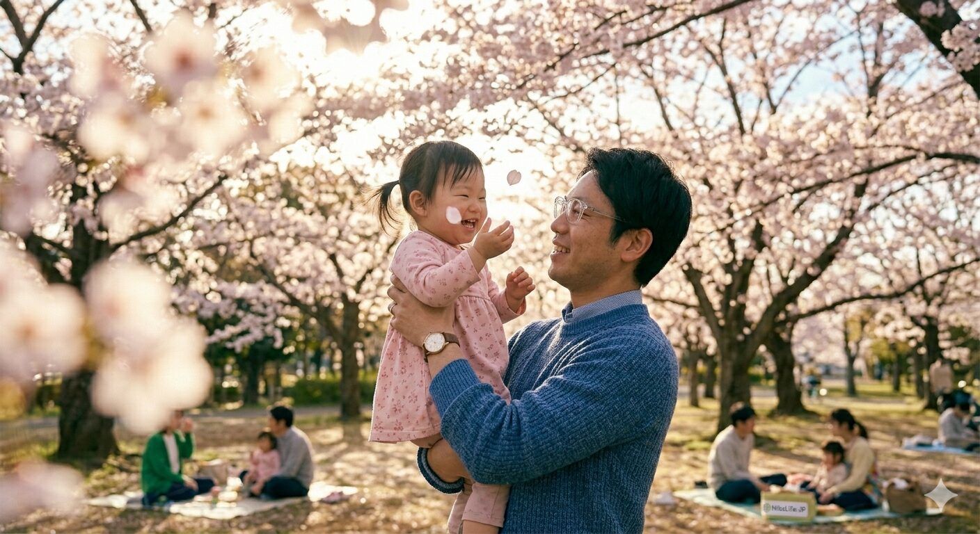 2026年4月の晴れた午後、満開の桜が咲き誇る公園で、1歳の子供を抱っこしながらお花見を楽しむ日本人パパ。パパはスタイリッシュな花粉防止メガネをかけ、爽やかなナイロンジャケットを着用している。傍らにはピクニックシートとお弁当が置かれ、花粉対策を万全にしながら日本の春を満喫している幸せな家族の風景。