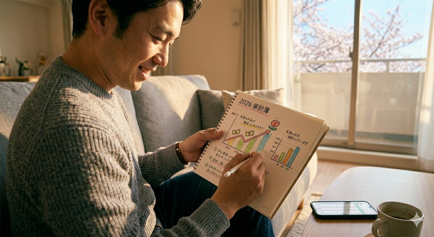 2026年4月の木曜日の夜、明るいリビングで、ITコンサルタントのパパが、自身が作成した、ドコモからahamo、auからUQ mobile、ソフトバンクからLINEMOへの乗り換えによる月額料金節約比較表と、削減できた月1万円を18年間運用した場合の資産推移グラフを、ノートパソコンと大きなディスプレイに表示させ、満足げに分析している様子。画面には、2024年9月生まれの子供の将来に向けた投資資金捻出を意味するアイコンが添えられている。都会的で効率的な資産管理の光景。
