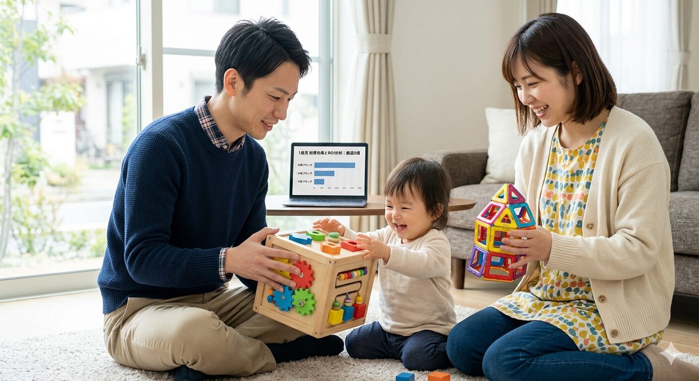 明るい日本のリビングで、ITコンサルタントのアパがタブレットで「知育玩具の成長効果」をデータ分析しながら、1歳児の子供が夢中で積み木や知育ボードで遊んでいる様子を優しく見守っている風景。部屋は整然と片付いており、厳選された高品質な木製玩具が並んでいる、教育的かつ温かみのある日常の瞬間。